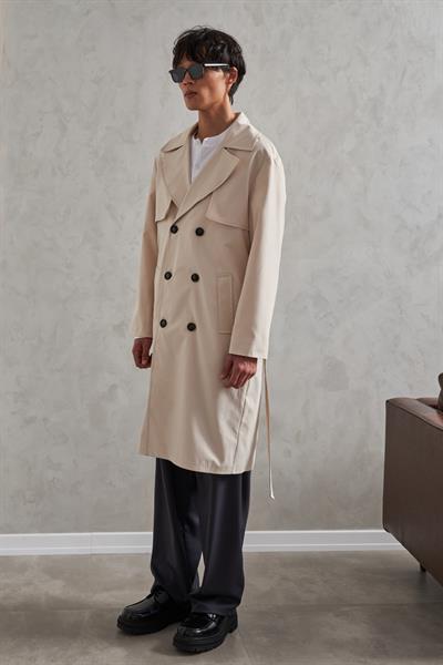 Erkek Kruvaze Yaka Oversize Trençkot Krem