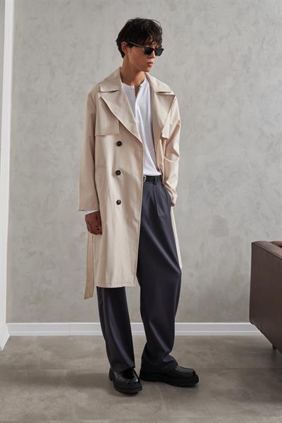 Erkek Kruvaze Yaka Oversize Trençkot Krem
