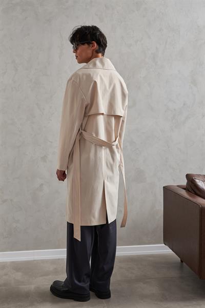 Erkek Kruvaze Yaka Oversize Trençkot Krem