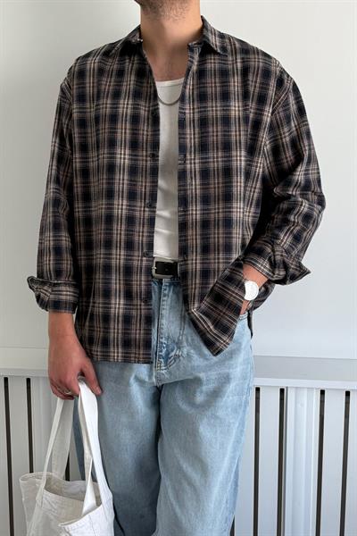 Erkek Oversize %100 Pamuk Ekose Gömlek Bej