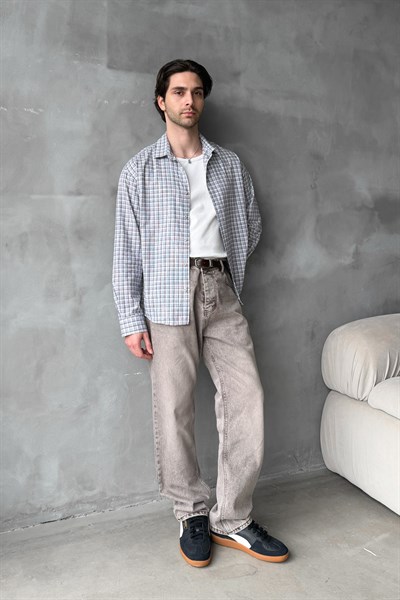 Erkek Oversize %100 Pamuk Flam Keten Kareli Gömlek Kahverengi