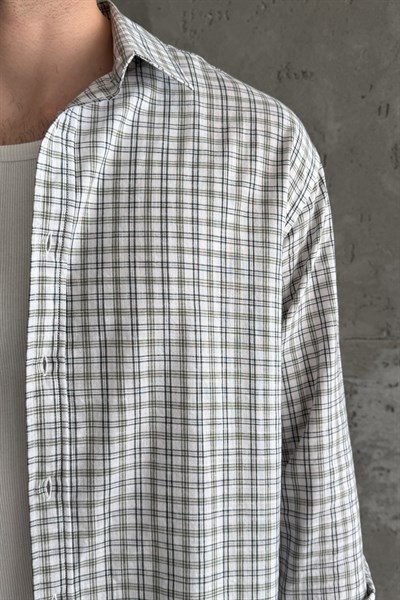 Erkek Oversize %100 Pamuk Flam Keten Kareli Gömlek Yeşil