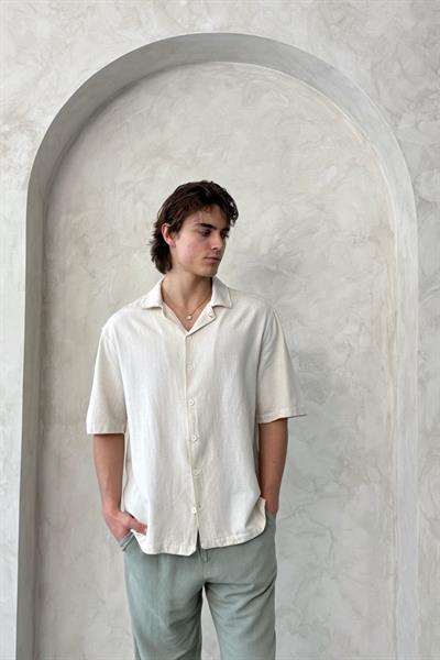 Erkek Oversize Apaş Yaka Kısa Kollu Keten Gömlek Bej