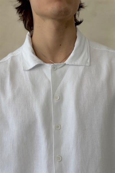 Erkek Oversize Apaş Yaka Kısa Kollu Keten Gömlek Beyaz