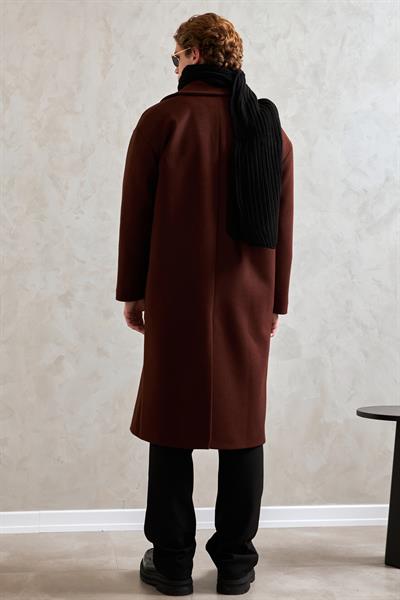 Erkek Oversize Astarlı Uzun Kaşe Kaban  ACIKAHVE