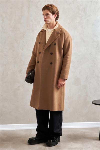 Erkek Oversize Astarlı Uzun Kaşe Kaban  TABA