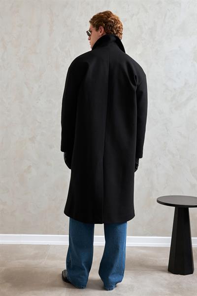 Erkek Oversize Astarlı Uzun Kaşe Kaban  Siyah