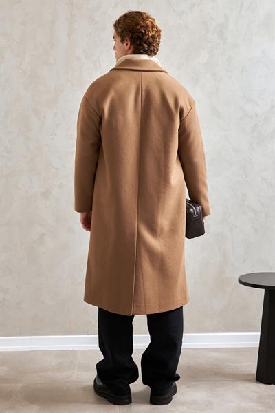 Erkek Oversize Astarlı Uzun Kaşe Kaban  TABA