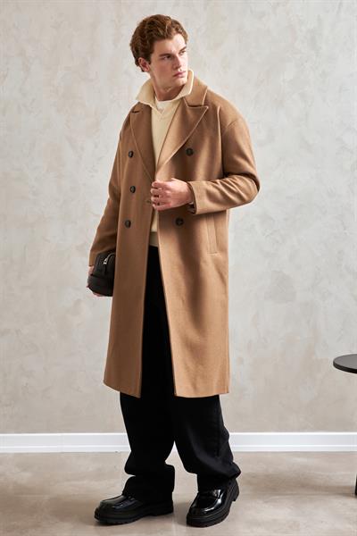 Erkek Oversize Astarlı Uzun Kaşe Kaban  TABA