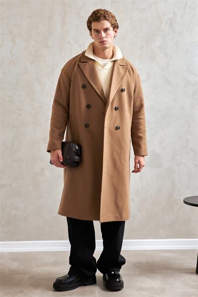 Erkek Oversize Astarlı Uzun Kaşe Kaban  TABA