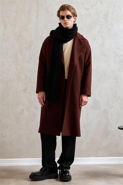 Erkek Oversize Astarlı Uzun Kaşe Kaban  ACIKAHVE
