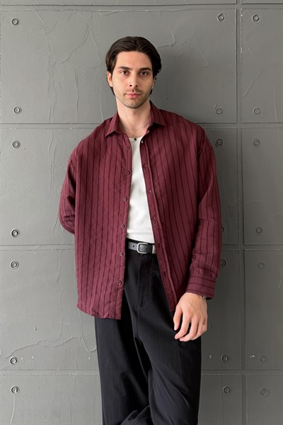 Erkek Oversize Çizgili Modal Gömlek Bordo