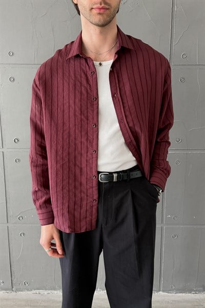 Erkek Oversize Çizgili Modal Gömlek Bordo