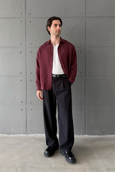 Erkek Oversize Çizgili Modal Gömlek Bordo
