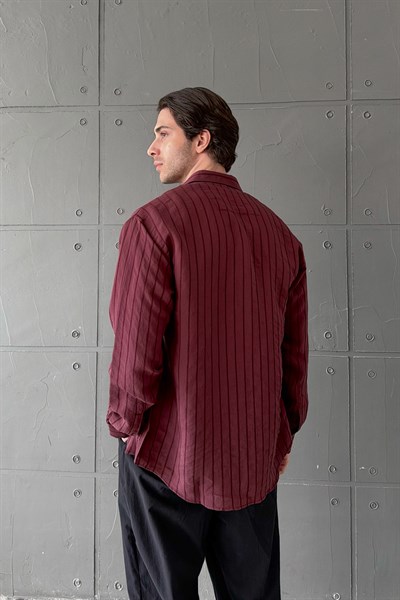 Erkek Oversize Çizgili Modal Gömlek Bordo