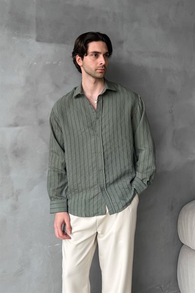 Erkek Oversize Çizgili Modal Gömlek Haki