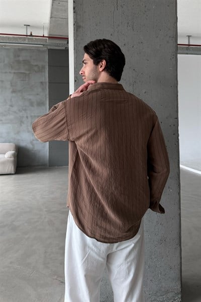 Erkek Oversize Çizgili Modal Gömlek Kahverengi