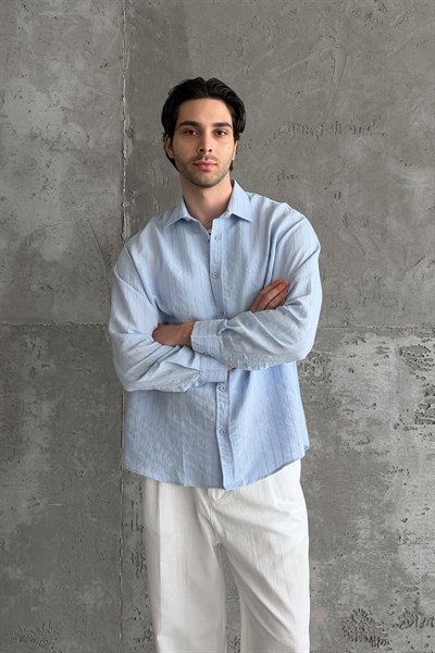 Erkek Oversize Çizgili Modal Gömlek Mavi