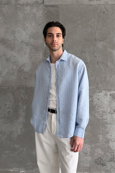 Erkek Oversize Çizgili Modal Gömlek Mavi