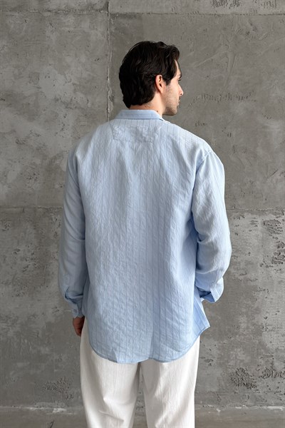 Erkek Oversize Çizgili Modal Gömlek Mavi