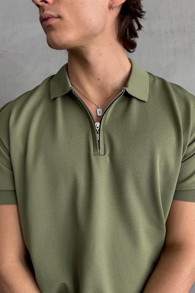 Erkek Oversize Fermuarlı Polo Yaka Triko T-Shirt Haki