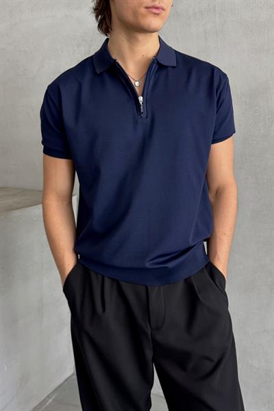Erkek Oversize Fermuarlı Polo Yaka Triko T-Shirt Lacivert