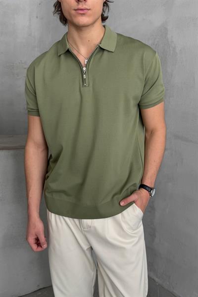 Erkek Oversize Fermuarlı Polo Yaka Triko T-Shirt Haki