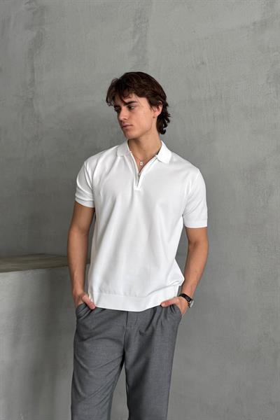 Erkek Oversize Fermuarlı Polo Yaka Triko T-Shirt Beyaz