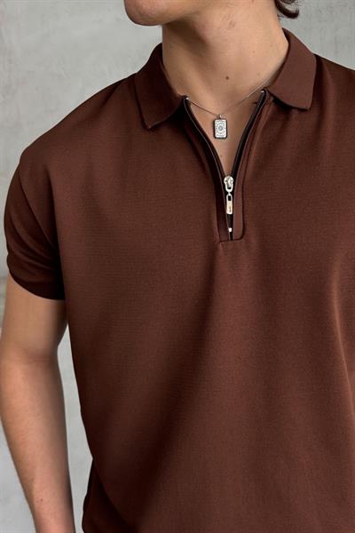 Erkek Oversize Fermuarlı Polo Yaka Triko T-Shirt Kahverengi