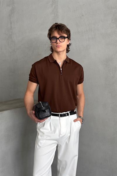 Erkek Oversize Fermuarlı Polo Yaka Triko T-Shirt Kahverengi
