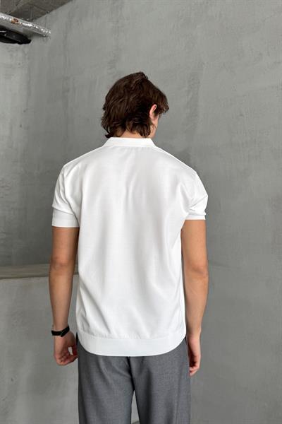 Erkek Oversize Fermuarlı Polo Yaka Triko T-Shirt Beyaz