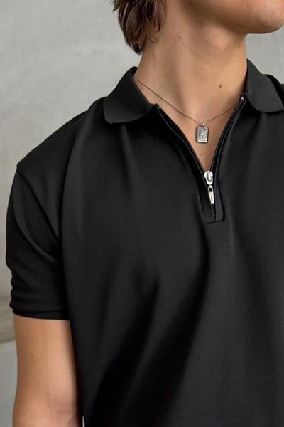 Erkek Oversize Fermuarlı Polo Yaka Triko T-Shirt Siyah