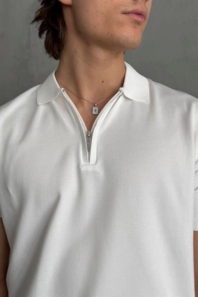 Erkek Oversize Fermuarlı Polo Yaka Triko T-Shirt Beyaz