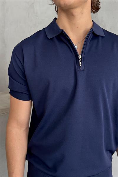Erkek Oversize Fermuarlı Polo Yaka Triko T-Shirt Lacivert