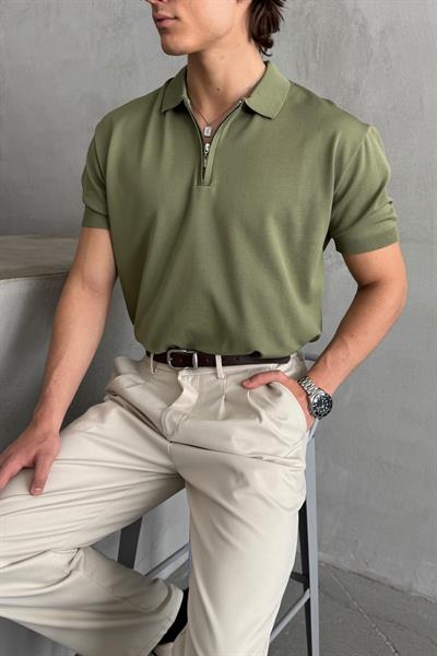 Erkek Oversize Fermuarlı Polo Yaka Triko T-Shirt Haki