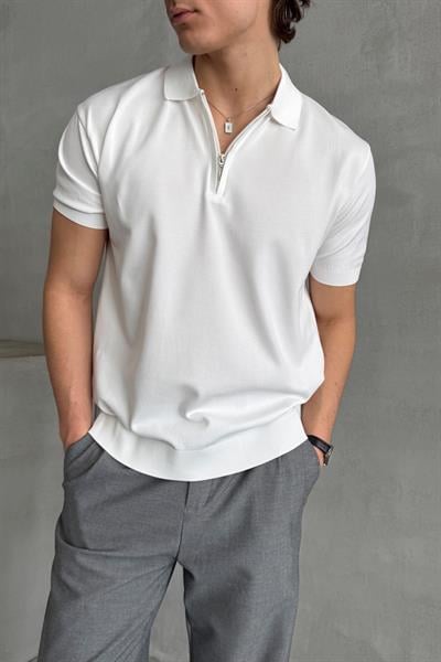 Erkek Oversize Fermuarlı Polo Yaka Triko T-Shirt Beyaz