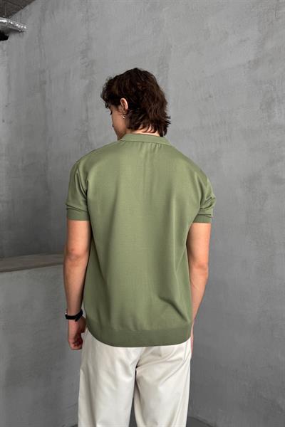 Erkek Oversize Fermuarlı Polo Yaka Triko T-Shirt Haki