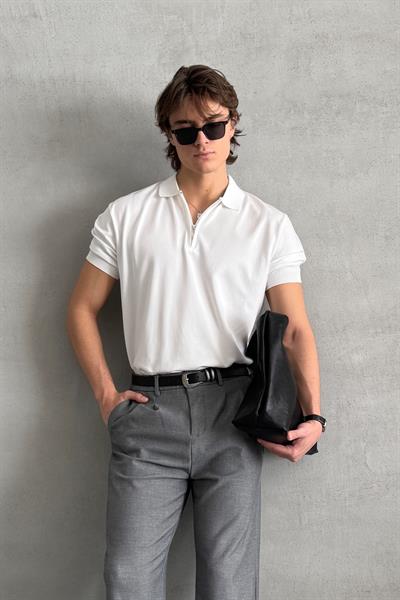 Erkek Oversize Fermuarlı Polo Yaka Triko T-Shirt Beyaz