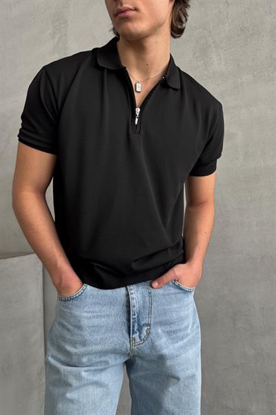 Erkek Oversize Fermuarlı Polo Yaka Triko T-Shirt Siyah