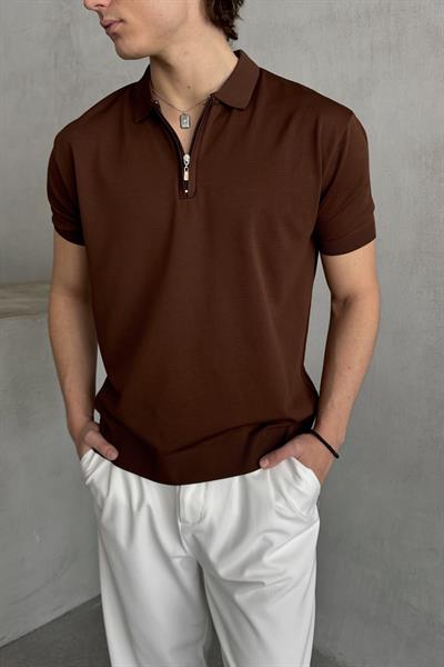 Erkek Oversize Fermuarlı Polo Yaka Triko T-Shirt Kahverengi