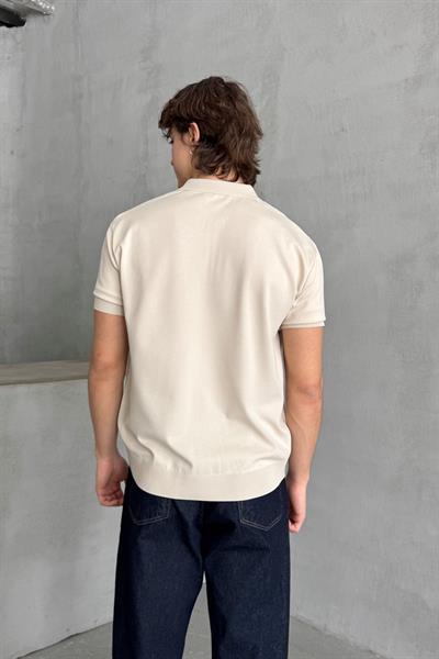 Erkek Oversize Fermuarlı Polo Yaka Triko T-Shirt Bej