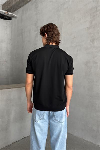 Erkek Oversize Fermuarlı Polo Yaka Triko T-Shirt Siyah