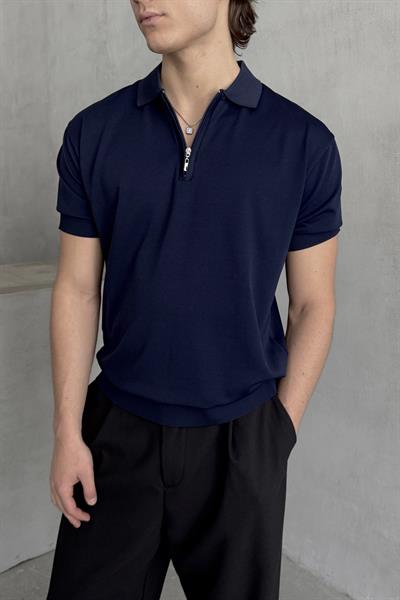 Erkek Oversize Fermuarlı Polo Yaka Triko T-Shirt Lacivert