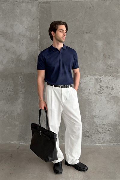 Erkek Oversize Fitilli Polo Yaka İnce Triko T-shirt Lacivert