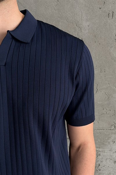 Erkek Oversize Fitilli Polo Yaka İnce Triko T-shirt Lacivert