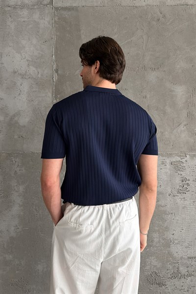 Erkek Oversize Fitilli Polo Yaka İnce Triko T-shirt Lacivert