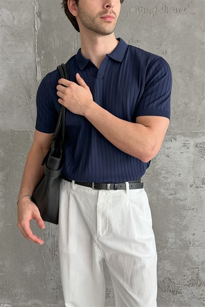 Erkek Oversize Fitilli Polo Yaka İnce Triko T-shirt Lacivert