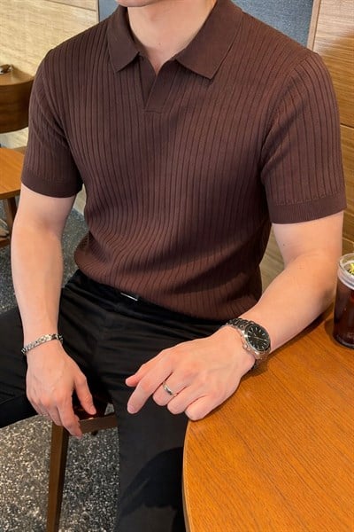 Erkek Oversize Fitilli Polo Yaka İnce Triko T-shirt Kahverengi