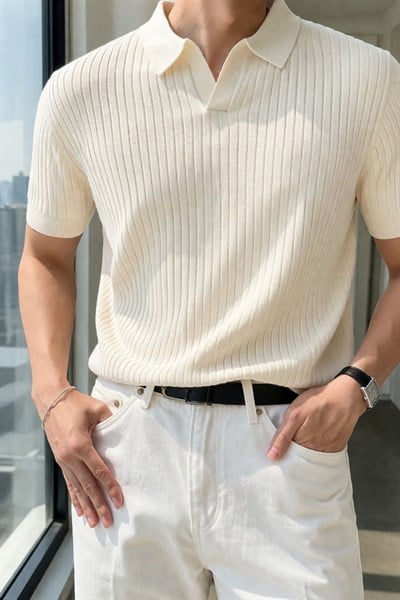 Erkek Oversize Fitilli Polo Yaka İnce Triko T-shirt Bej