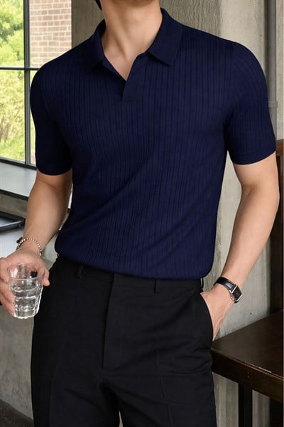 Erkek Oversize Fitilli Polo Yaka İnce Triko T-shirt Lacivert